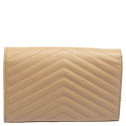 مملوكة مسبقًا Saint Laurent Beige Matelassé Leather Monogram Envelope Wallet on Chain