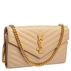 مملوكة مسبقًا Saint Laurent Beige Matelassé Leather Monogram Envelope Wallet on Chain