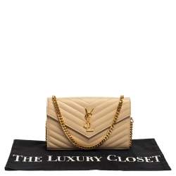 مملوكة مسبقًا Saint Laurent Beige Matelassé Leather Monogram Envelope Wallet on Chain