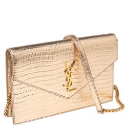 Pre Owned محفظة بسلسلة سان لوران أبتاون جلد نقش سحلية ذهبي 