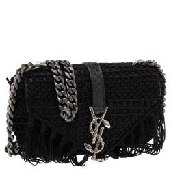 مملوكة مسبقًا Saint Laurent Black Crochet and Python Embossed Leather Baby Monogram Crossbody Bag