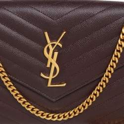 مملوكة مسبقًا Saint Laurent Burgundy Matelassé Leather Monogram Envelope Wallet on Chain