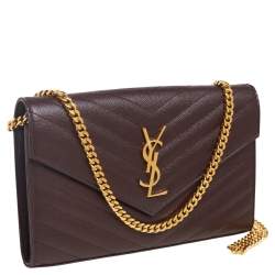 مملوكة مسبقًا Saint Laurent Burgundy Matelassé Leather Monogram Envelope Wallet on Chain