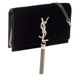 Pre Owned Saint Laurent Black Velvet Small Kate Chain Wallet On Chain