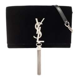Pre Owned Saint Laurent Black Velvet Small Kate Chain Wallet On Chain