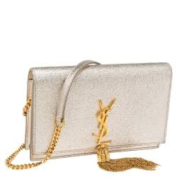Pre Owned Saint Laurent Gold Textured Leather Kate Tassel Wallet on Chain 