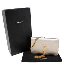 Pre Owned Saint Laurent Gold Textured Leather Kate Tassel Wallet on Chain 