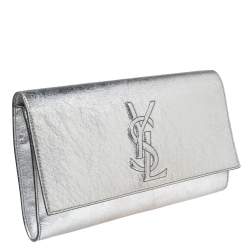 Pre Owned Yves Saint Laurent Metallic Sliver Leather Belle De Jour Flap Clutch