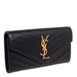 Pre Owned Saint Laurent Black Matelassé Leather Monogram Envelope Wallet