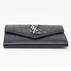 Pre Owned Saint Laurent Black Croc Embossed Leather Monogram Envelope Compact Wallet