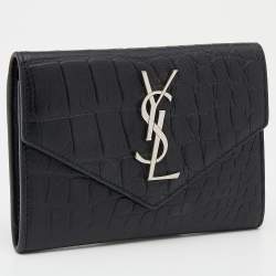 Pre Owned Saint Laurent Black Croc Embossed Leather Monogram Envelope Compact Wallet