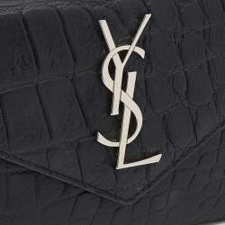 Pre Owned Saint Laurent Black Croc Embossed Leather Monogram Envelope Compact Wallet