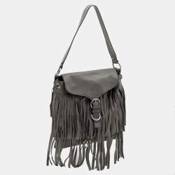 مملوكة مسبقًا Yves Saint Laurent Grey Leather Fringe Flap Drawstring Shoulder Bag