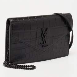 Pre Owned محفظة بسلسلة سان لورانجلد نقشة التمساح أسود مونوغرام نمط الظرف