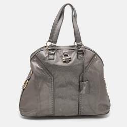 Pre Owned حقيبة ساتشل إيف سان لوران ميوس جلد رصاصي ميتاليك كبيرة