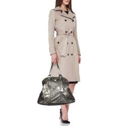 Pre Owned حقيبة ساتشل إيف سان لوران ميوس جلد رصاصي ميتاليك كبيرة