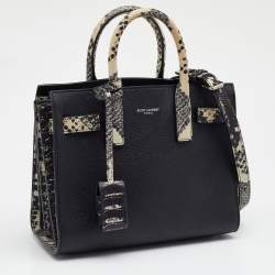 Pre Owned حقيبة يد سان لوران نانو كلاسيك ساك دو جور جلد وجلد نقش ثعبان بيج/ أسود