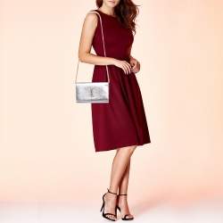 Pre Owned Saint Laurent Metallic Silver Leather Monogram Wallet on Chain