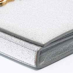 Pre Owned Saint Laurent Metallic Silver Leather Monogram Wallet on Chain