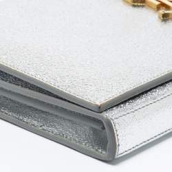 Pre Owned Saint Laurent Metallic Silver Leather Monogram Wallet on Chain