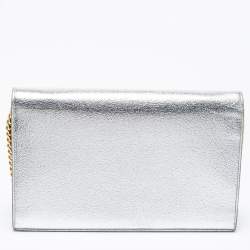 Pre Owned Saint Laurent Metallic Silver Leather Monogram Wallet on Chain