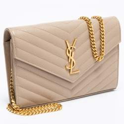 Pre Owned Saint Laurent Beige Matelassé Leather Monogram Envelope Wallet on Chain