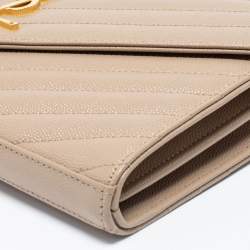 Pre Owned Saint Laurent Beige Matelassé Leather Monogram Envelope Wallet on Chain