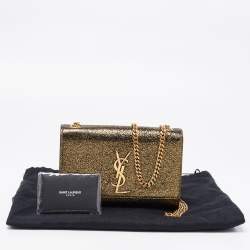 Pre Owned محفظة بسلسلة سان لوران نيو كيت جلد مجعد لامع ذهبي صغيرة