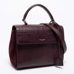 Pre Owned Saint Laurent Burgundy Croc Embossed Leather Moujik Top Handle Bag