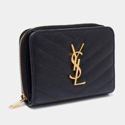 Pre Owned Saint Laurent Black Matelassé Leather Monogram Compact Wallet
