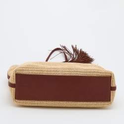 Pre Owned Saint Laurent Beige/Brown Woven Raffia And Leather Tassel Tote