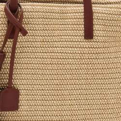 Pre Owned Saint Laurent Beige/Brown Woven Raffia And Leather Tassel Tote