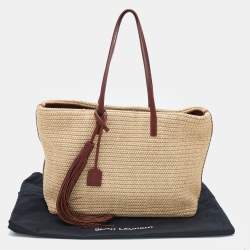 Pre Owned Saint Laurent Beige/Brown Woven Raffia And Leather Tassel Tote
