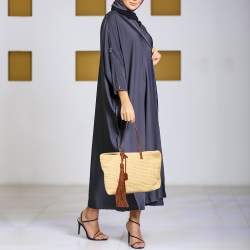 Pre Owned Saint Laurent Beige/Brown Woven Raffia And Leather Tassel Tote