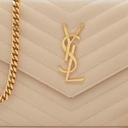 Pre Owned محفظة بسلسلة سان لوران مظروف مونوغرامي جلد بيج