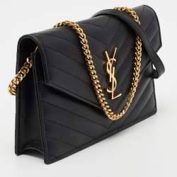 Pre Owned Saint Laurent Black Matelassé Leather Monogram Envelope Wallet on Chain