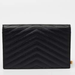 Pre Owned Saint Laurent Black Matelassé Leather Monogram Envelope Wallet on Chain