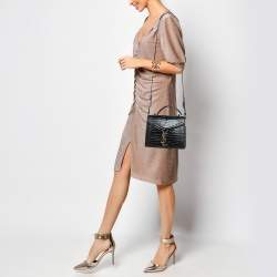 Pre Owned Saint Laurent Black Croc Embossed Leather Mini Cassandre Top Handle Bag