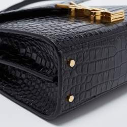 Pre Owned Saint Laurent Black Croc Embossed Leather Mini Cassandre Top Handle Bag