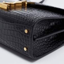 Pre Owned Saint Laurent Black Croc Embossed Leather Mini Cassandre Top Handle Bag