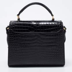 Pre Owned Saint Laurent Black Croc Embossed Leather Mini Cassandre Top Handle Bag