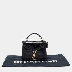 Pre Owned Saint Laurent Black Croc Embossed Leather Mini Cassandre Top Handle Bag