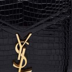 Pre Owned Saint Laurent Black Croc Embossed Leather Mini Cassandre Top Handle Bag