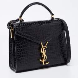 Pre Owned Saint Laurent Black Croc Embossed Leather Mini Cassandre Top Handle Bag