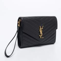 مملوكة مسبقًا Saint Laurent Black Matelassé Leather Cassandre Wristlet Pouch