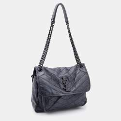Pre Owned Saint Laurent Black Crinkled Leather Medium Niki Shoulder Bag