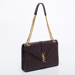 Pre Owned Saint Laurent Burgundy Matelassé Leather Large Monogram Envelope Shoulder Bag