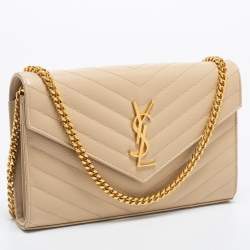 Pre Owned  محفظة سان لوران باريس بسلسلة أنفيلوب جلد مونوغرامي بيج