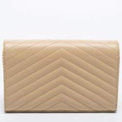 Pre Owned  محفظة سان لوران باريس بسلسلة أنفيلوب جلد مونوغرامي بيج