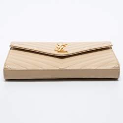 Pre Owned  محفظة سان لوران باريس بسلسلة أنفيلوب جلد مونوغرامي بيج